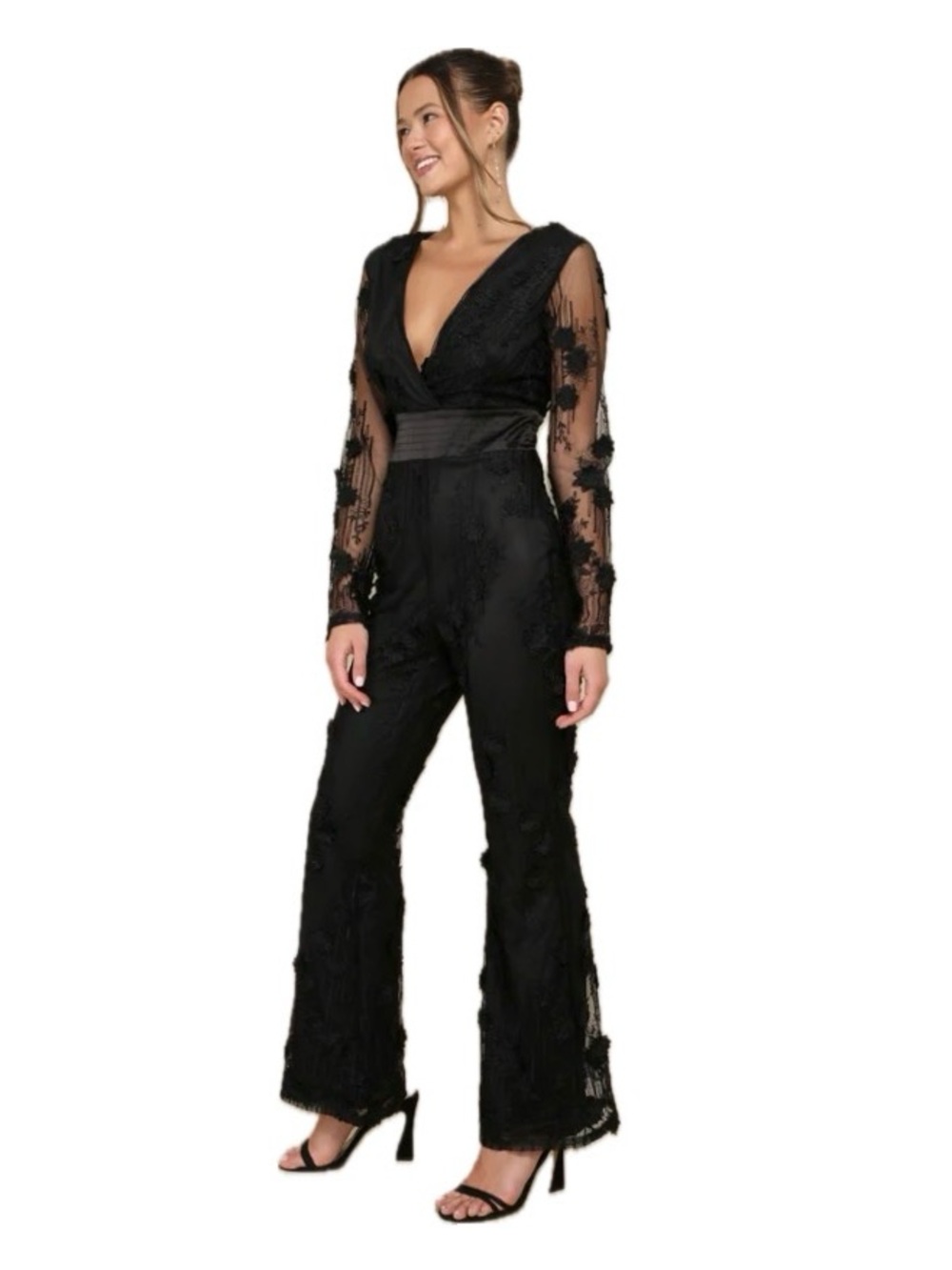Lulu's, NWT Floral 3d Black Lace V-Neck Long-Sleeve Jumpsuit, Size L - Picture 2 of 16